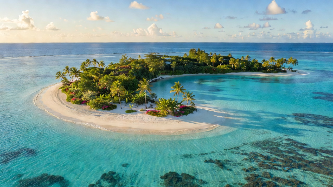 Private island aerial view in French Polynesia with turquoise lagoon